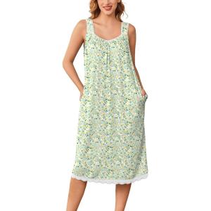imageEkouaer Nightgowns for Women Sleeveless Night Gown Victorian Sleep Shirt with Pockets Ladies Pjs Lace Trim Sleepwear SXXLGreen Yellow Flowers