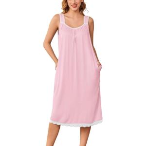 imageEkouaer Nightgowns for Women Sleeveless Night Gown Victorian Sleep Shirt with Pockets Ladies Pjs Lace Trim Sleepwear SXXLPink