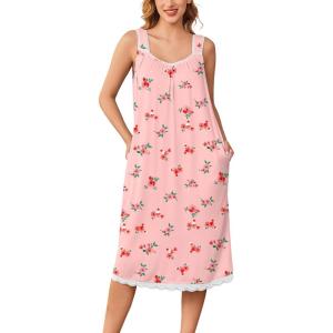 imageEkouaer Nightgowns for Women Sleeveless Night Gown Victorian Sleep Shirt with Pockets Ladies Pjs Lace Trim Sleepwear SXXLPink Flower