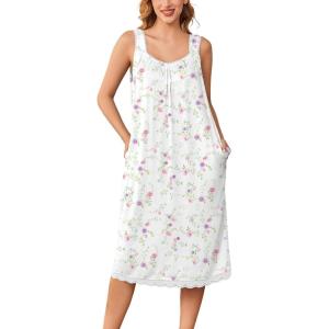 imageEkouaer Nightgowns for Women Sleeveless Night Gown Victorian Sleep Shirt with Pockets Ladies Pjs Lace Trim Sleepwear SXXLPink Purple Flower