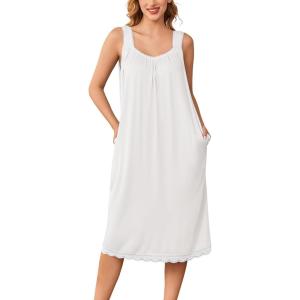 imageEkouaer Nightgowns for Women Sleeveless Night Gown Victorian Sleep Shirt with Pockets Ladies Pjs Lace Trim Sleepwear SXXLWhite