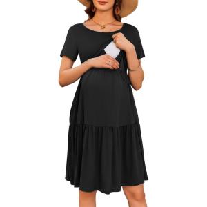imageEkouaer Nursing Dress Summer Short Sleeve Breastfeeding Casual Knee Length Maternity Dresses SXXLBlack
