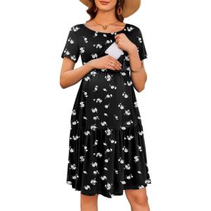 imageEkouaer Nursing Dress Summer Short Sleeve Breastfeeding Casual Knee Length Maternity Dresses SXXLBlack White Floral