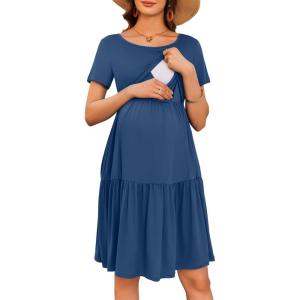 imageEkouaer Nursing Dress Summer Short Sleeve Breastfeeding Casual Knee Length Maternity Dresses SXXLGrey Blue