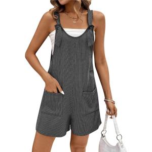 imageEkouaer Rompers for Women 2025 Fashion Ribbed Knit Jumpsuit Scoop Neck Loose Outfit Wide Leg Summer One Piece ShortallsDark Grey
