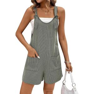 imageEkouaer Rompers for Women 2025 Fashion Ribbed Knit Jumpsuit Scoop Neck Loose Outfit Wide Leg Summer One Piece ShortallsGreen Grey