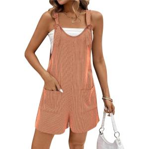 imageEkouaer Rompers for Women 2025 Fashion Ribbed Knit Jumpsuit Scoop Neck Loose Outfit Wide Leg Summer One Piece ShortallsKhaki