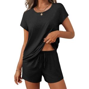imageEkouaer Women 2 Piece Pajamas Set Short Sleeve Comfy Lounge Set Round Neck Tops and Shorts Pjs with PocketsBlack