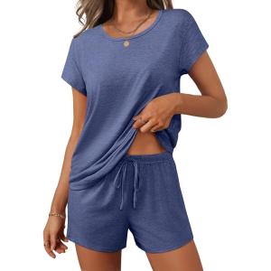 imageEkouaer Women 2 Piece Pajamas Set Short Sleeve Comfy Lounge Set Round Neck Tops and Shorts Pjs with PocketsDark Blue