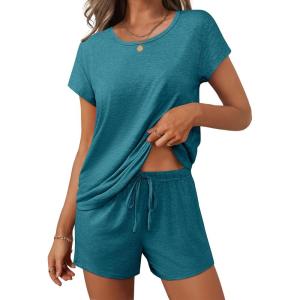 imageEkouaer Women 2 Piece Pajamas Set Short Sleeve Comfy Lounge Set Round Neck Tops and Shorts Pjs with PocketsDark Green