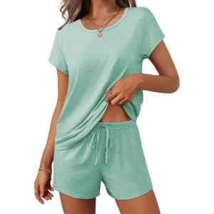 imageEkouaer Women 2 Piece Pajamas Set Short Sleeve Comfy Lounge Set Round Neck Tops and Shorts Pjs with PocketsGreen