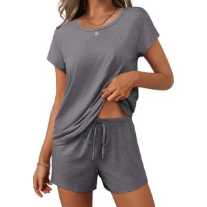 imageEkouaer Women 2 Piece Pajamas Set Short Sleeve Comfy Lounge Set Round Neck Tops and Shorts Pjs with PocketsGrey