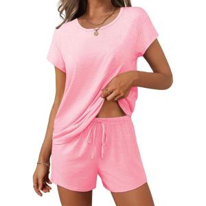 imageEkouaer Women 2 Piece Pajamas Set Short Sleeve Comfy Lounge Set Round Neck Tops and Shorts Pjs with PocketsPink