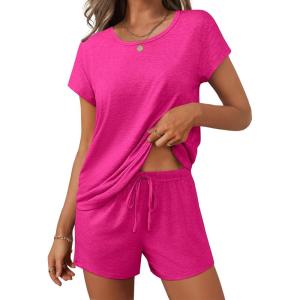imageEkouaer Women 2 Piece Pajamas Set Short Sleeve Comfy Lounge Set Round Neck Tops and Shorts Pjs with PocketsRose Red