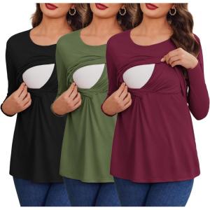 imageEkouaer Women 3 Packs Nursing Shirts Long Sleeve Maternity Tops Double Layer Breastfeeding Tees Round Neck Pregnancy BlouseBlack  Army Green  Dark Red