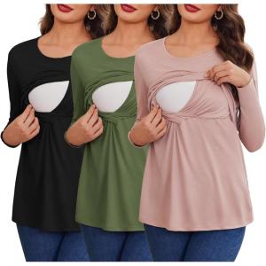 imageEkouaer Women 3 Packs Nursing Shirts Long Sleeve Maternity Tops Double Layer Breastfeeding Tees Round Neck Pregnancy BlouseBlack  Army Green  Dirty Pink