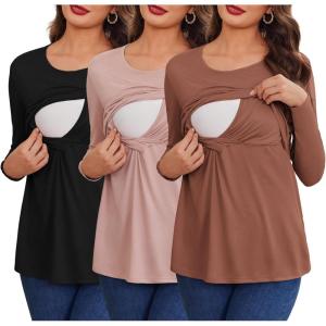 imageEkouaer Women 3 Packs Nursing Shirts Long Sleeve Maternity Tops Double Layer Breastfeeding Tees Round Neck Pregnancy BlouseBlack  Dirty Pink  Deep Brown