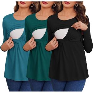 imageEkouaer Women 3 Packs Nursing Shirts Long Sleeve Maternity Tops Double Layer Breastfeeding Tees Round Neck Pregnancy BlouseBlack  Lake Green  Blue Green