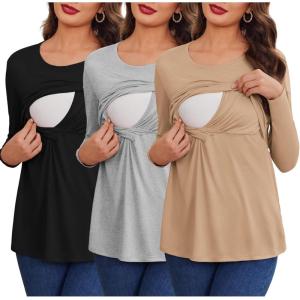 imageEkouaer Women 3 Packs Nursing Shirts Long Sleeve Maternity Tops Double Layer Breastfeeding Tees Round Neck Pregnancy BlouseBlack  Light Gray  Khaki