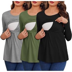 imageEkouaer Women 3 Packs Nursing Shirts Long Sleeve Maternity Tops Double Layer Breastfeeding Tees Round Neck Pregnancy BlouseBlack  Medium Gray  Army Green