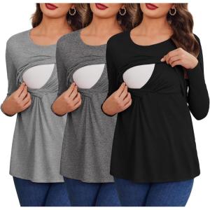 imageEkouaer Women 3 Packs Nursing Shirts Long Sleeve Maternity Tops Double Layer Breastfeeding Tees Round Neck Pregnancy BlouseBlack  Medium Gray  Dark Grey