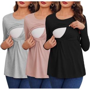 imageEkouaer Women 3 Packs Nursing Shirts Long Sleeve Maternity Tops Double Layer Breastfeeding Tees Round Neck Pregnancy BlouseBlack  Medium Gray  Dirty Pink
