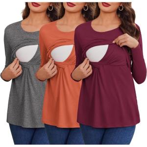 imageEkouaer Women 3 Packs Nursing Shirts Long Sleeve Maternity Tops Double Layer Breastfeeding Tees Round Neck Pregnancy BlouseDark Grey  Dark Red  Caramel
