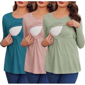 imageEkouaer Women 3 Packs Nursing Shirts Long Sleeve Maternity Tops Double Layer Breastfeeding Tees Round Neck Pregnancy BlouseIce Green  Dirty Pink  Blue Green