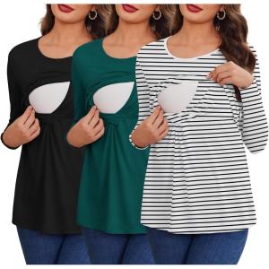 imageEkouaer Women 3 Packs Nursing Shirts Long Sleeve Maternity Tops Double Layer Breastfeeding Tees Round Neck Pregnancy BlouseLake Green  Black  Stripe Black  White
