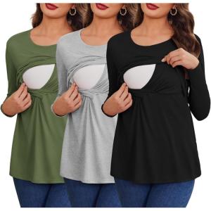 imageEkouaer Women 3 Packs Nursing Shirts Long Sleeve Maternity Tops Double Layer Breastfeeding Tees Round Neck Pregnancy BlouseLight Grey  Black  Army Green