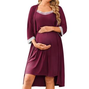imageEkouaer Women Lace Maternity Nursing Gown and 34 Sleeve Robe Set Double Layer Breastfeeding Nightgown Slip Dress ampamp BathrobeDark Red