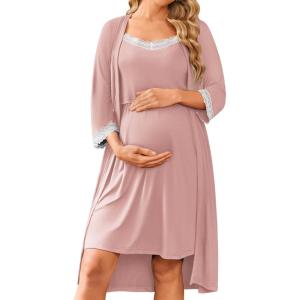 imageEkouaer Women Lace Maternity Nursing Gown and 34 Sleeve Robe Set Double Layer Breastfeeding Nightgown Slip Dress ampamp BathrobeDirty Pink