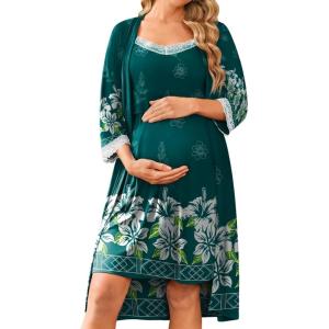 imageEkouaer Women Lace Maternity Nursing Gown and 34 Sleeve Robe Set Double Layer Breastfeeding Nightgown Slip Dress ampamp BathrobeLake Green Floral