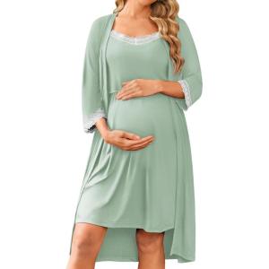 imageEkouaer Women Lace Maternity Nursing Gown and 34 Sleeve Robe Set Double Layer Breastfeeding Nightgown Slip Dress ampamp BathrobeLight Green