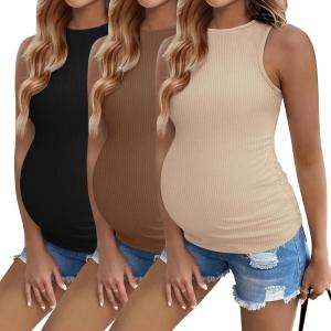 imageEkouaer Women Maternity Tank Tops 3 Packs Crew Neck Ribbed Pregnancy Shirts Mama Clothes3pcs Black Brown Beige