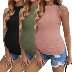imageEkouaer Women Maternity Tank Tops 3 Packs Crew Neck Ribbed Pregnancy Shirts Mama Clothes3pcs Black Dirty Pink Army Green