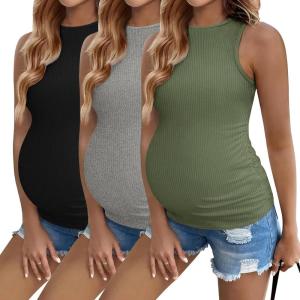imageEkouaer Women Maternity Tank Tops 3 Packs Crew Neck Ribbed Pregnancy Shirts Mama Clothes3pcs Black Grey Army Green