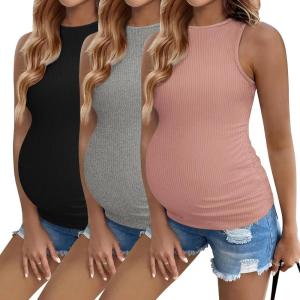 imageEkouaer Women Maternity Tank Tops 3 Packs Crew Neck Ribbed Pregnancy Shirts Mama Clothes3pcs Black Grey Dirty Pink