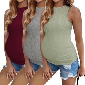 imageEkouaer Women Maternity Tank Tops 3 Packs Crew Neck Ribbed Pregnancy Shirts Mama Clothes3pcs Burgundy Red Grey Light Green