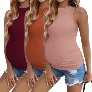 imageEkouaer Women Maternity Tank Tops 3 Packs Crew Neck Ribbed Pregnancy Shirts Mama Clothes3pcs Caramel Burgundy Red Dirty Pink
