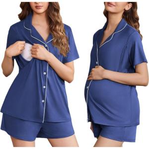 imageEkouaer Womens Maternity Nursing Pajama Sets Button Down Postpartum Pajamas Short Sleeve Breastfeeding ClothesBlue