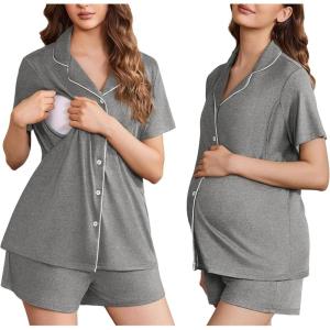 imageEkouaer Womens Maternity Nursing Pajama Sets Button Down Postpartum Pajamas Short Sleeve Breastfeeding ClothesMiddle Grey