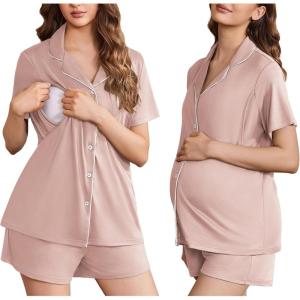 imageEkouaer Womens Maternity Nursing Pajama Sets Button Down Postpartum Pajamas Short Sleeve Breastfeeding ClothesPink