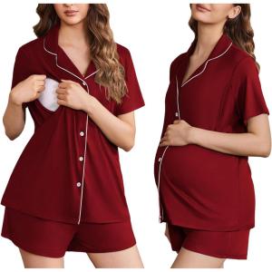 imageEkouaer Womens Maternity Nursing Pajama Sets Button Down Postpartum Pajamas Short Sleeve Breastfeeding ClothesWine Red
