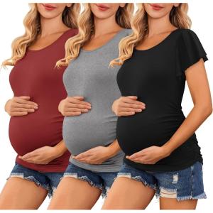 imageEkouaer Womens Maternity Shirts 3 Packs Flying Short Sleeve Pregnancy Tops Side Ruched Tunic Blouse Mama Clothes SXXLBlack  Grey  Wine Red3pcs