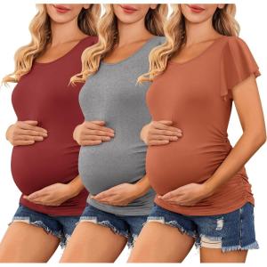 imageEkouaer Womens Maternity Shirts 3 Packs Flying Short Sleeve Pregnancy Tops Side Ruched Tunic Blouse Mama Clothes SXXLCaramel  Grey  Wine Red3pcs