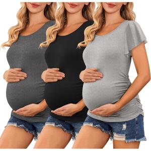 imageEkouaer Womens Maternity Shirts 3 Packs Flying Short Sleeve Pregnancy Tops Side Ruched Tunic Blouse Mama Clothes SXXLDark Grey  Black  Light Grey3pcs