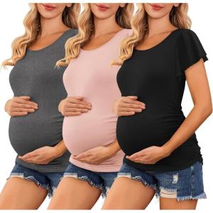 imageEkouaer Womens Maternity Shirts 3 Packs Flying Short Sleeve Pregnancy Tops Side Ruched Tunic Blouse Mama Clothes SXXLDark Grey  Pink  Black3pcs