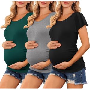 imageEkouaer Womens Maternity Shirts 3 Packs Flying Short Sleeve Pregnancy Tops Side Ruched Tunic Blouse Mama Clothes SXXLLake Green  Grey  Black3pcs