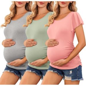 imageEkouaer Womens Maternity Shirts 3 Packs Flying Short Sleeve Pregnancy Tops Side Ruched Tunic Blouse Mama Clothes SXXLLight Grey  Light Green  Orange Pink3pcs